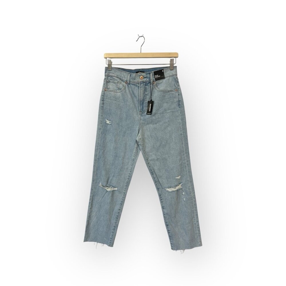 Express Super High Rise Mom Jeans Size 0 Light Wash Distressed